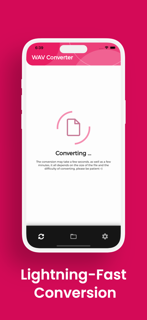 Interfaz de la aplicación WAV Converter mostrando una conversión de archivos en progreso en una pantalla móvil