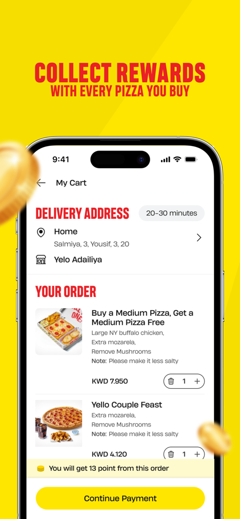Yelo Pizza - Pantalla de pago de la aplicación Yelo Pizza que muestra los artículos del carrito y las recompensas de puntos de fidelidad.