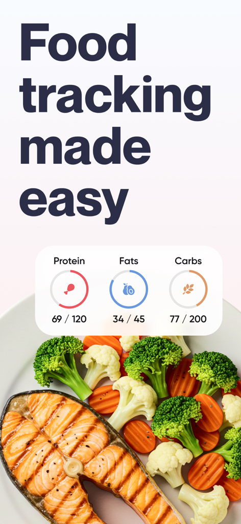 Welmi App-Oberfläche, die die Verfolgung von Makronährstoffen für Protein, Fette und Kohlenhydrate über einem Teller Lachs und Gemüse anzeigt