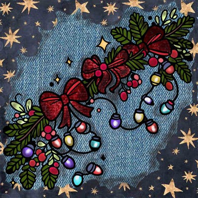 christmas garland: decorated with lights and ribbons..simple vector art