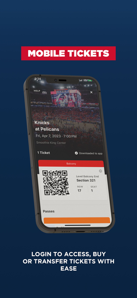 試合入場用のQRコードを表示するニューオーリンズ・ペリカンズのモバイルアプリのデジタルチケット管理画面