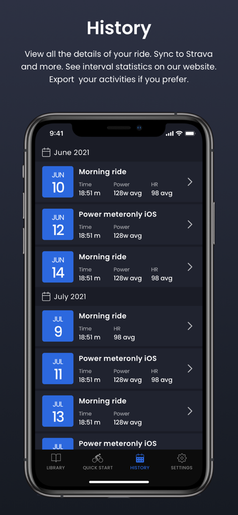 TrainerDay app history screen showing a list of past indoor cycling workouts with power and heart rate metrics