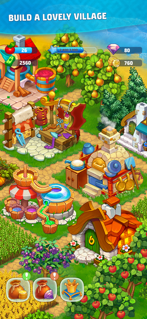 Harvest Land - Un villaggio vibrante in Harvest Land con varie botteghe artigianali, alberi da frutto e colture agricole