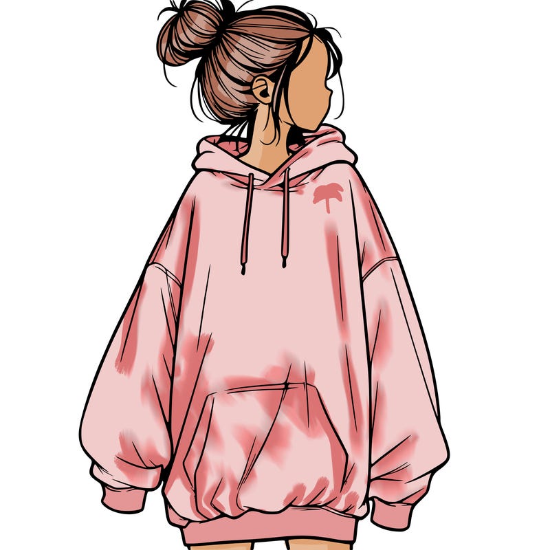 realistic girl with a oversized sweatshirt on and a bun