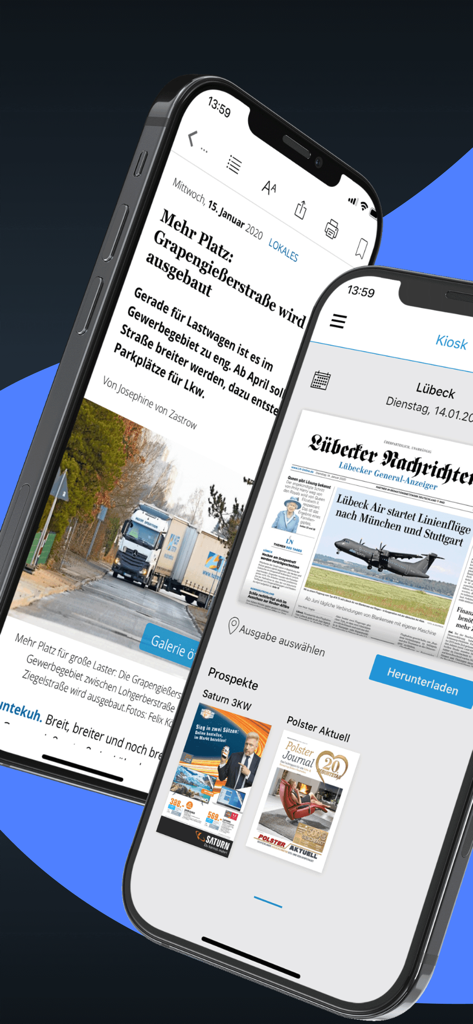 LN E-Paper: News aus Lübeck - Two iPhones displaying the LN E-Paper news app showing a local article and the digital kiosk interface