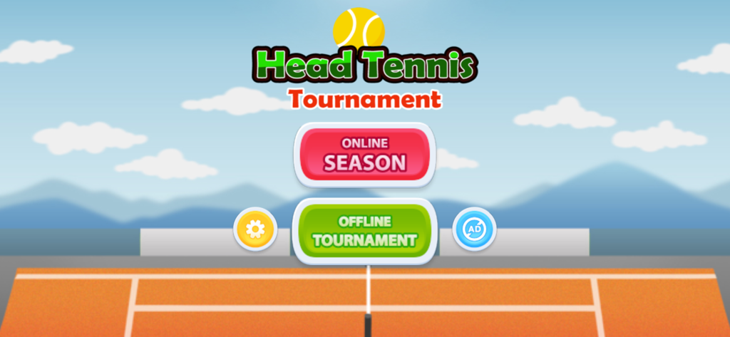 Head Tennis Online Tournament - Main menu of Head Tennis Online Tournament featuring buttons for online season and offline tournament over a tennis court.