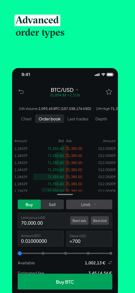 Pantalla de la aplicación Bitstamp por Robinhood que muestra el libro de órdenes avanzado y las operaciones limitadas para Bitcoin.