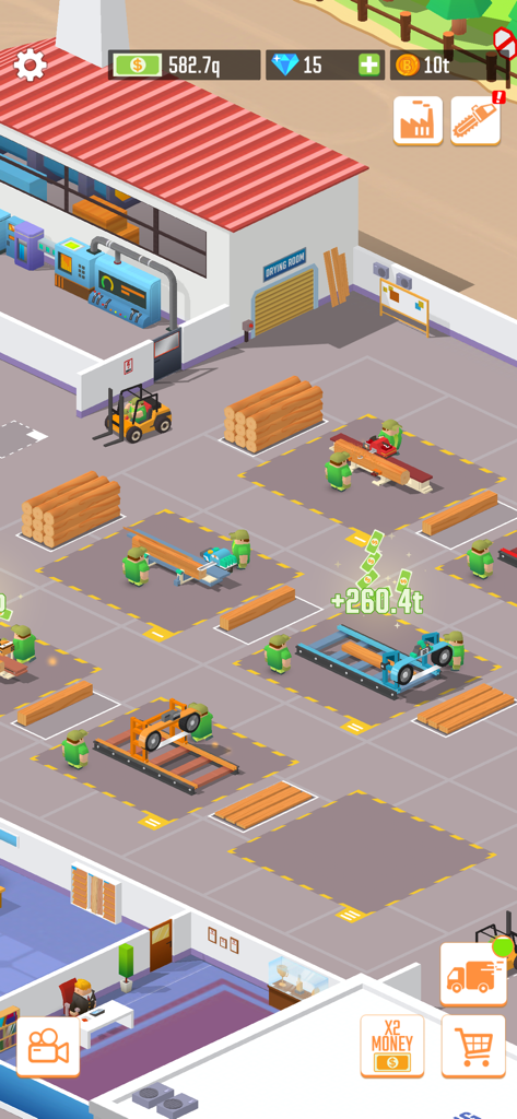 Gameplay screenshot of Idle Lumber Empire showing workers managing a wood processing factory