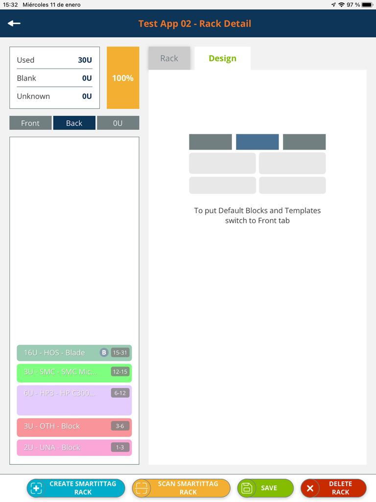 Interfaz de la aplicación BAC Builder que muestra un diseño detallado de racks de servidores y asignación de unidades