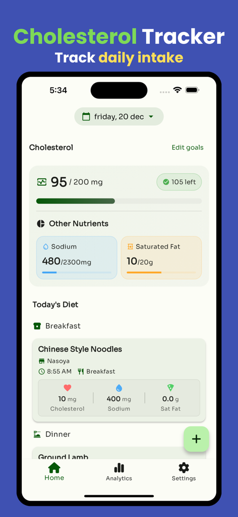 Cholesterol Tracker 2026 - Mobile app dashboard showing daily cholesterol and nutrient tracking progress