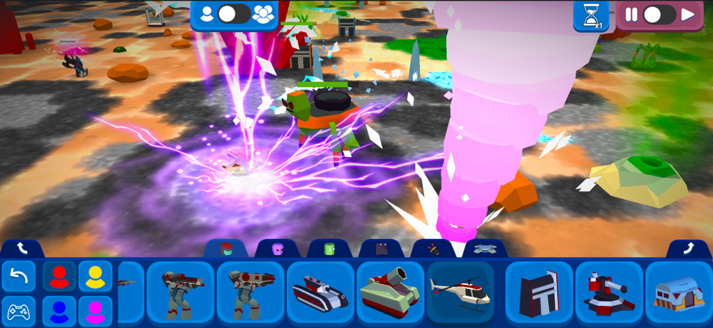 MoonBox - Gameplay screenshot of MoonBox featuring a pink tornado and electric energy effects in a low-poly sandbox environment.