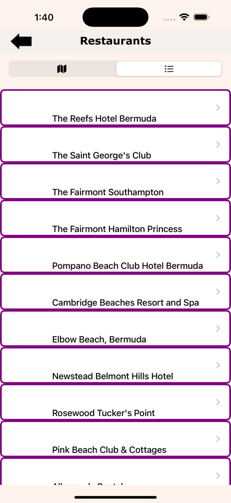 Bermuda Island Guide - Aplicación Bermuda Island Guide que muestra una lista de los mejores restaurantes y opciones de cena de hotel en Bermudas.