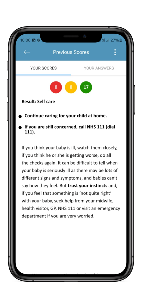 The Lullaby Trust Baby Check - Screenshot of the Baby Check app showing a low-risk green score and advice for self-care at home.
