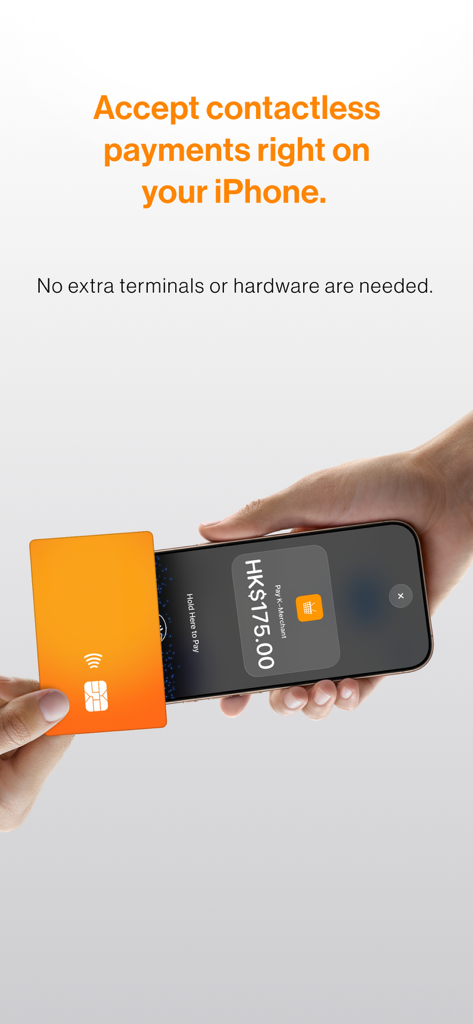 KPay - A person accepting a contactless card payment on an iPhone using the KPay app