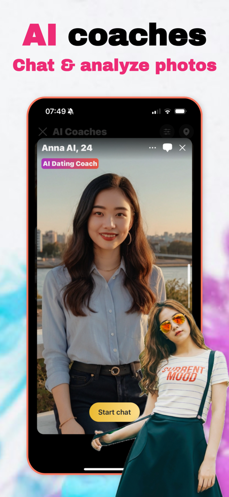 Video Chat, Go Live - Minglify - Screenshot der Minglify-App, der einen KI-Dating-Coach namens Anna AI für Chat- und Fotoanalysen zeigt