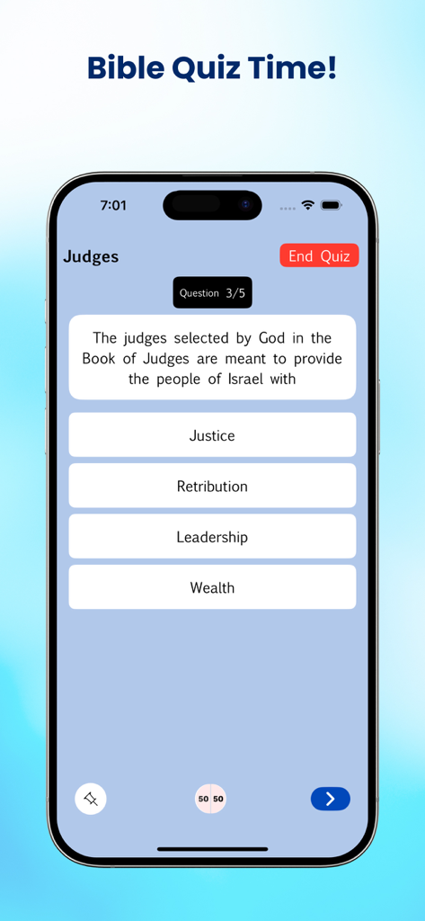 A mobile app screen showing a Bible quiz question about the Book of Judges with multiple choice answers.