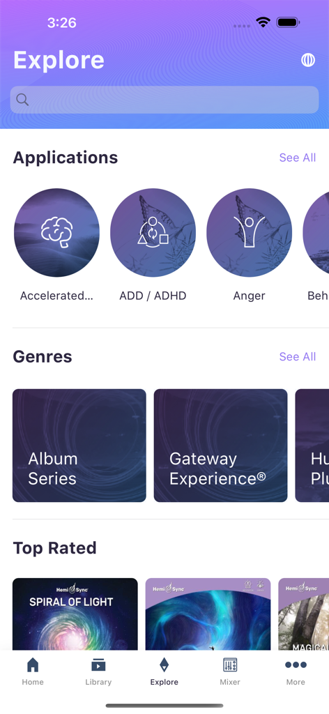 Pantalla de exploración de HemiSync Flow mostrando categorías de meditación y pistas de Gateway Experience.