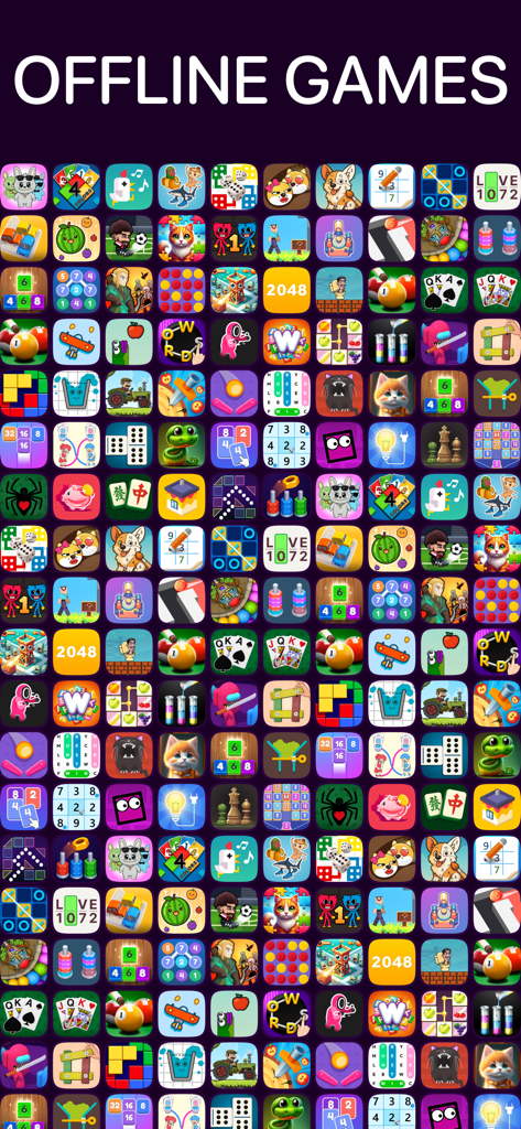 Cuadrícula de coloridos iconos de minijuegos para la colección de la aplicación Juegos sin conexión.