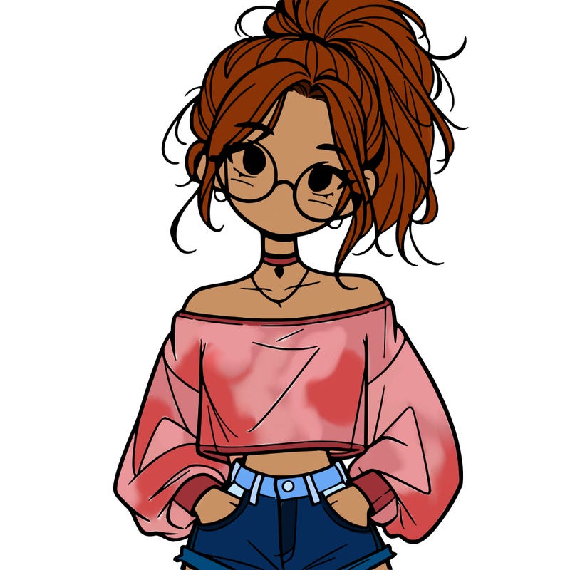 girl with a messy ponytail glasses a baggy crop top and jean shorts