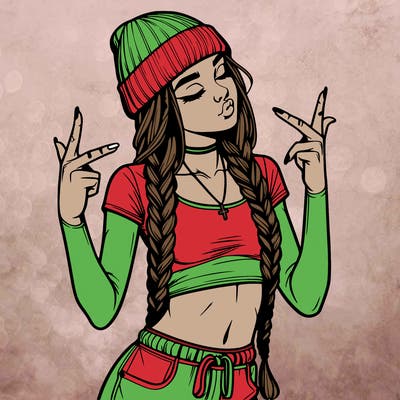 realistic teenage girl with braids and a beanie and crop top doing 🫶🏼