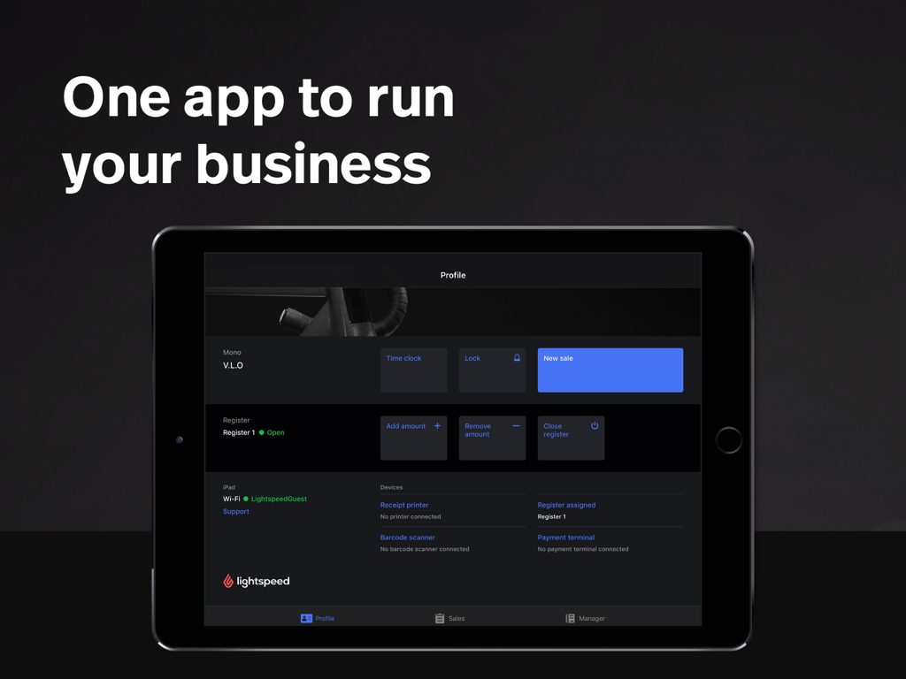 Tela de perfil do Lightspeed Retail POS no iPad mostrando opções de gerenciamento de negócios como vendas e rastreamento de estoque.