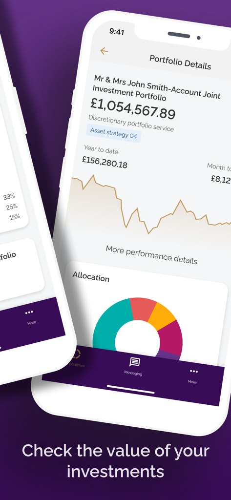 Evelyn Partners Mobile - A mobile app interface showing a high-value investment portfolio with performance graphs and asset allocation charts.
