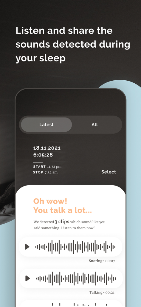 Sleepy - Sleep Talk Recorder - A smartphone screen displaying recorded audio clips of sleep talking and snoring from the Sleepy app.