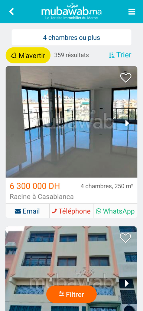 Mubawab mobile app interface displaying a property listing in Casablanca Morocco with price and contact options.