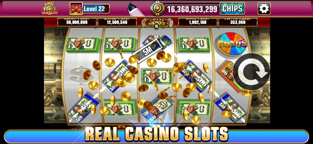 Gameplay screenshot of Crazy Money II slot machine in Slingo Casino featuring dollar bill symbols and winning gold coins
