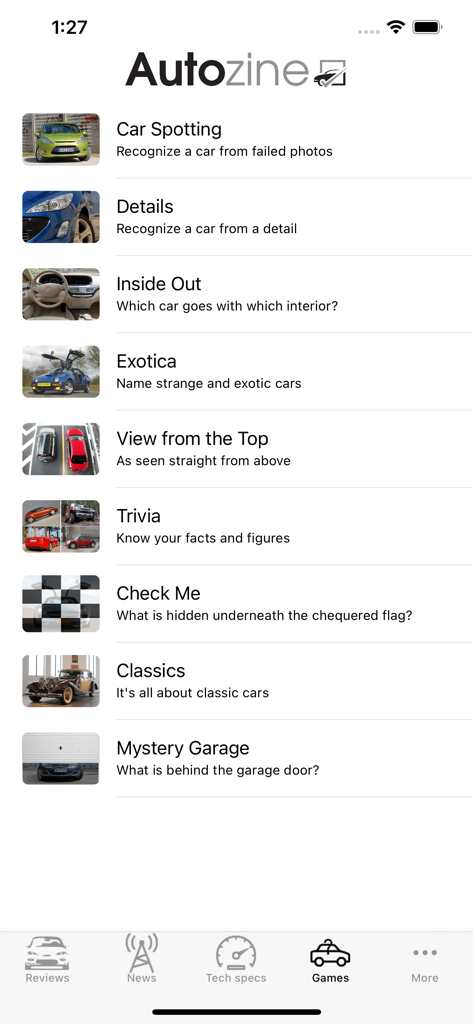 Oberfläche, die verschiedene Auto-Trivia- und Identifikationsspiele in der Autozine-App zeigt