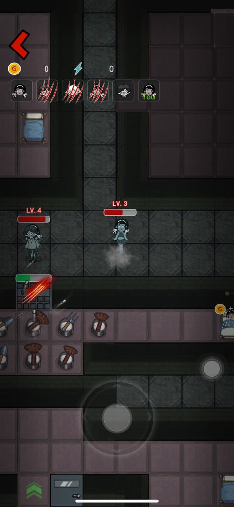 A top down gameplay view of Haunted Dorm showing characters defending a room from ghosts using turrets and barricades