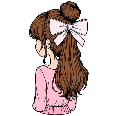 realistic girl  with hip length hair a bun and a big bow on the back of head