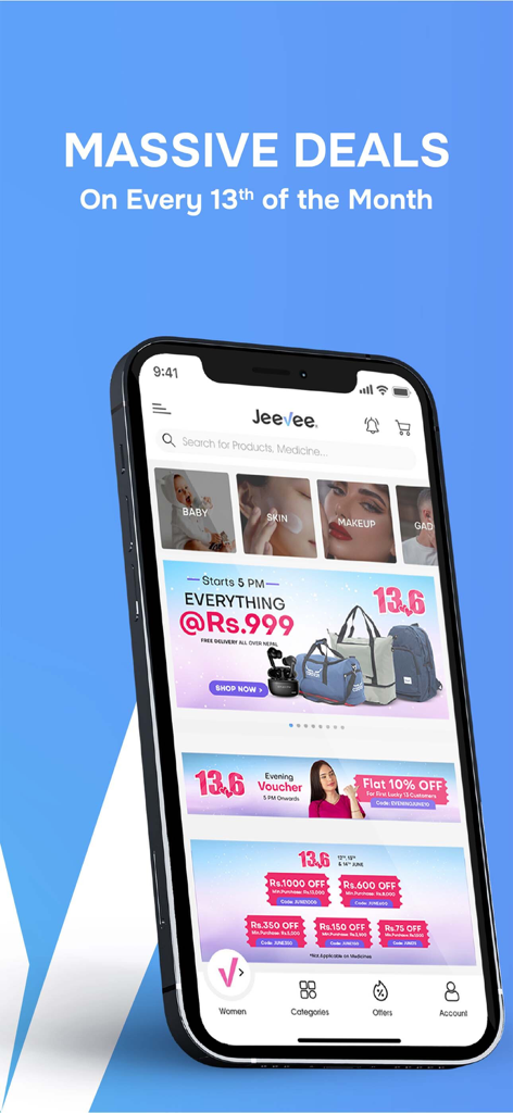 Pantalla de inicio de la aplicación Jeevee que muestra grandes ofertas mensuales y cupones de descuento para productos de salud, bebé y belleza.