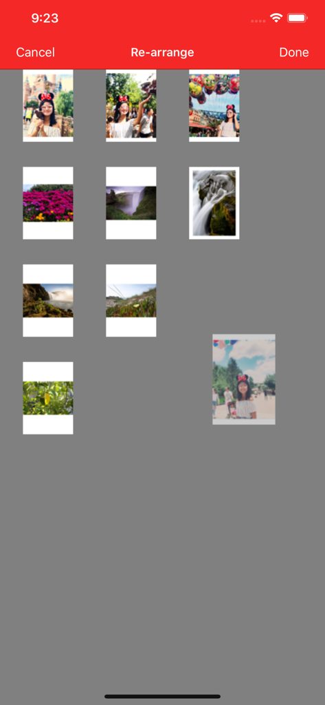 Power PDF - PDF Manager - Interface of the Power PDF app showing the re-arrange feature with a grid of image thumbnails being reorganized via drag and drop.