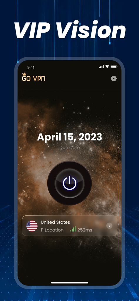 Go VPN app dashboard with VIP status and United States server connection