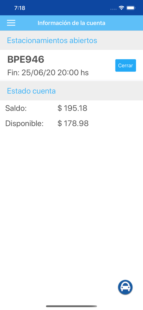 Movil-TR - Movil-TR app screen displaying account information with active parking details and available balance.