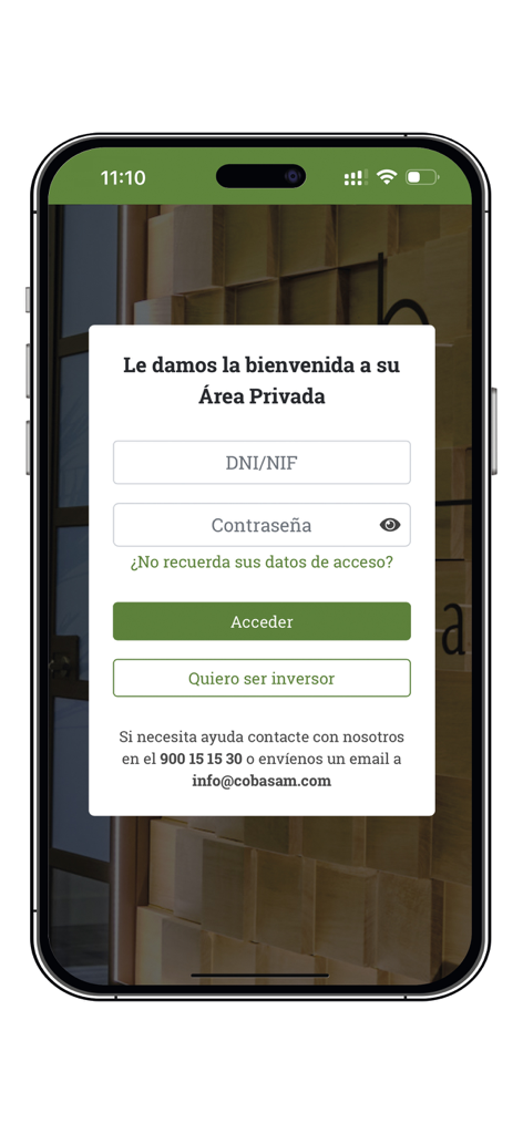 Pantalla de inicio de sesión de la aplicación de inversión móvil de Cobas AM con campos para ID de usuario y contraseña, junto con un botón de registro para nuevos inversores.