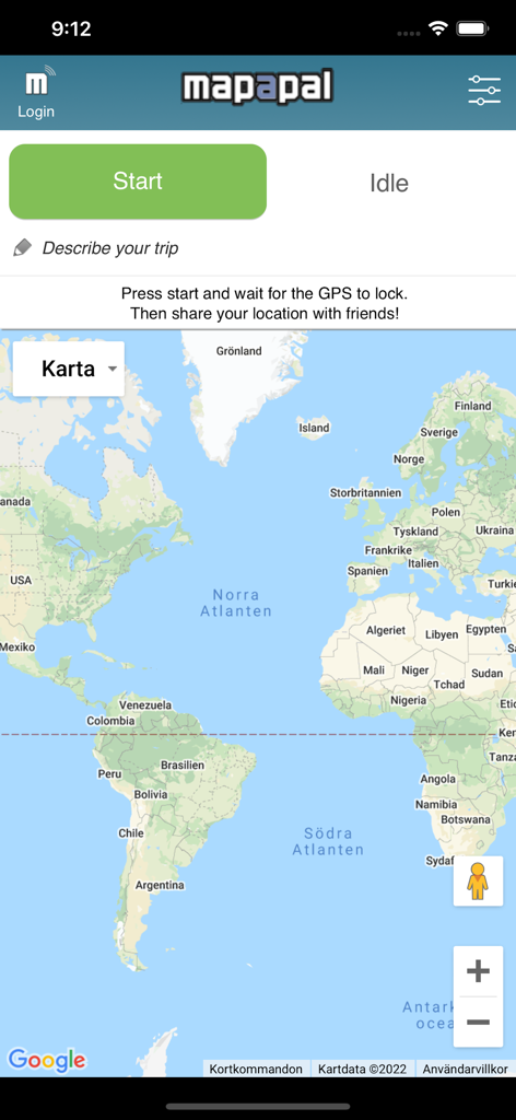 Mapapal -Real Time GPS Tracker - Interfaz del rastreador GPS en tiempo real de Mapapal que muestra un botón de inicio y un mapa