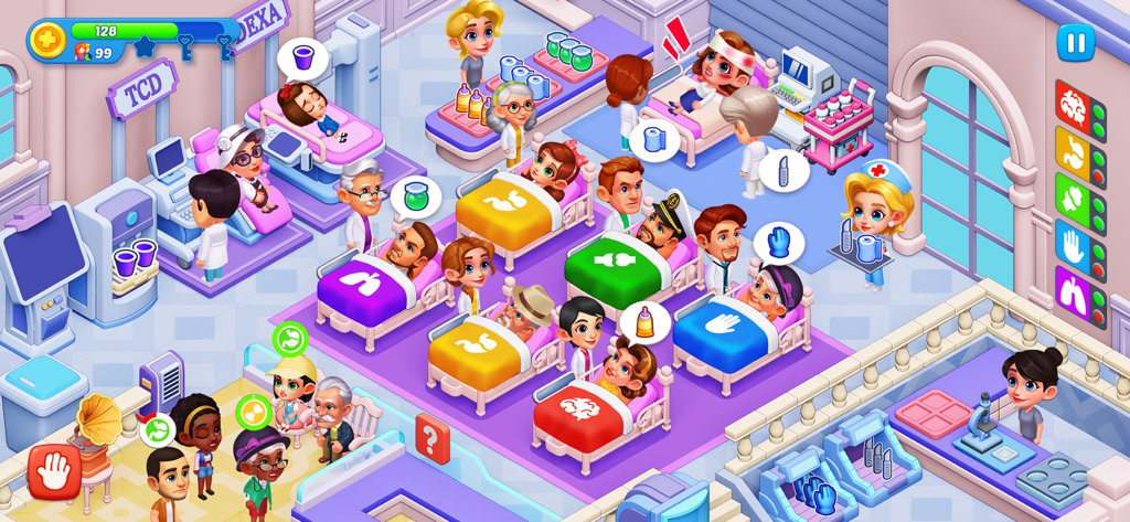 Hospital Madness: Clinic Games - A busy cartoon hospital ward where doctors and nurses treat multiple patients in colorful beds.