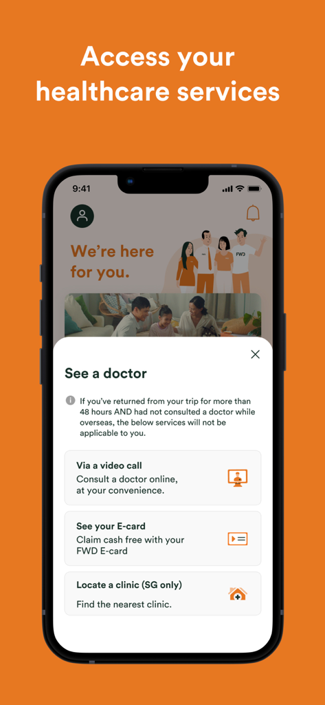 FWD SG mobile app interface showing options to see a doctor via video call, view a digital E-card, or locate a nearby clinic.