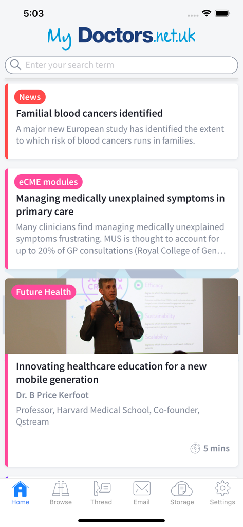 my Doctors.net.uk - Screenshot of the my Doctors.net.uk app home screen displaying medical news and learning modules