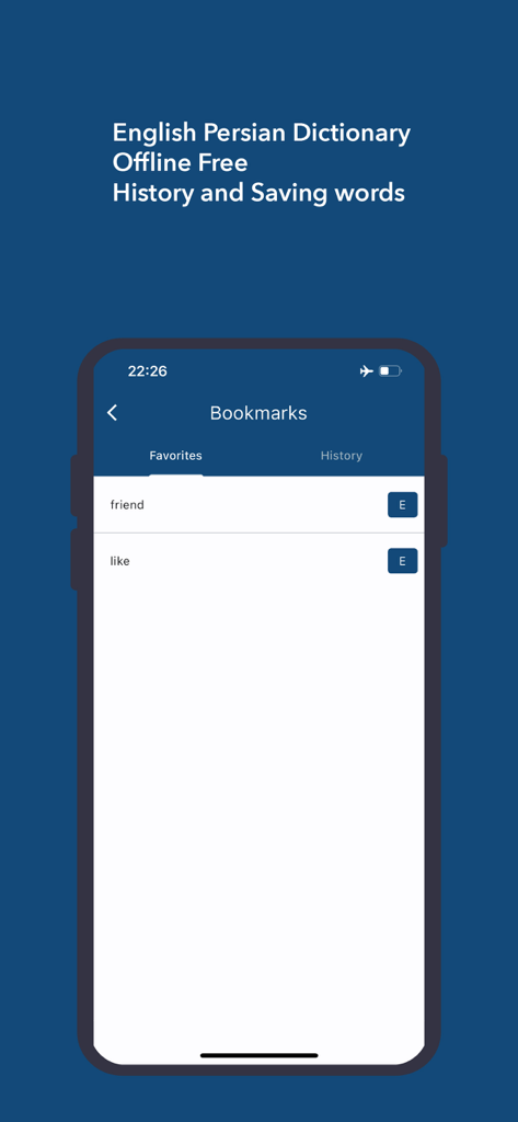 Favorites screen of the English Persian Dictionary app showing saved words like friend and like
