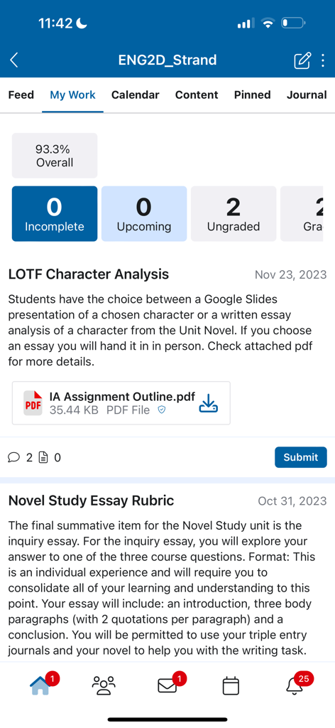 Edsby app screenshot showing the My Work tab with a 93.3 percent overall grade and a list of class assignments.