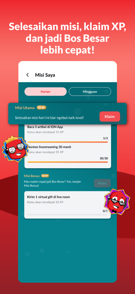 La interfaz de misiones de IDN App que muestra tareas diarias para ganar XP y recompensas