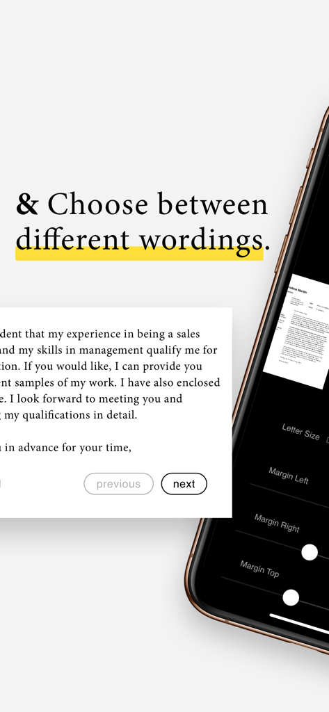 CV Maker · - Interface of CV Maker app showing cover letter wording options and document margin settings