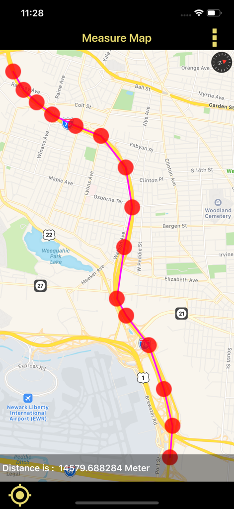 Distance & Area Measure On Map - A mobile screen showing a route measured on a GPS map with a calculated distance in meters