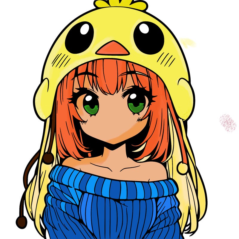 anime girl with chick shaped hat with sweater with bare shoulders with bangs covering them one eye with low tail