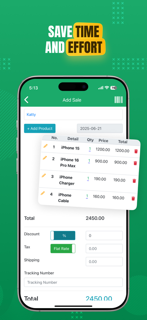 Interface do aplicativo Registro Diário de Vendas mostrando a tela Adicionar Venda com itens de produto e totais de transação.