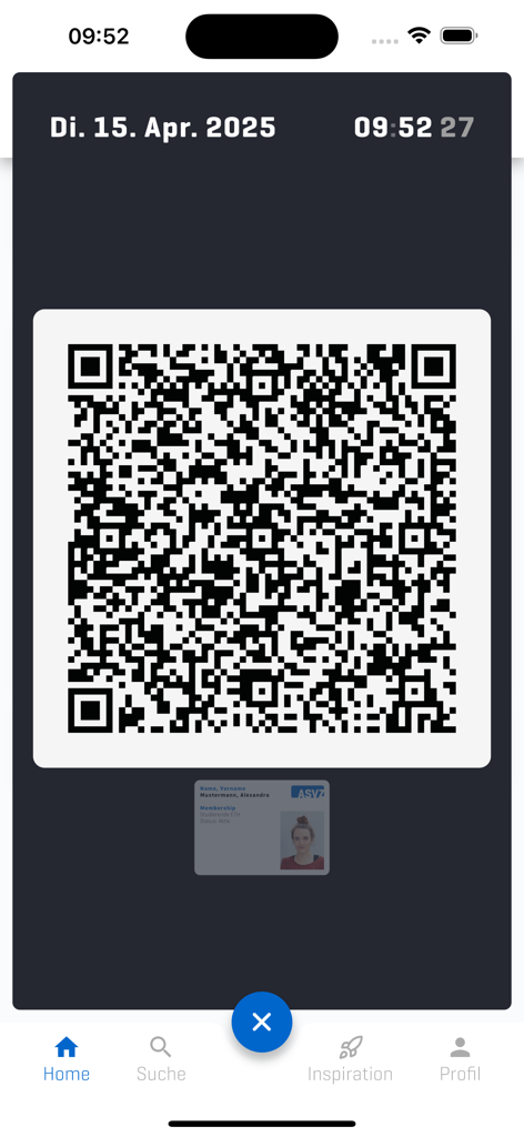 ASVZ - ASVZ app interface showing a QR code for sports facility access and membership check-in