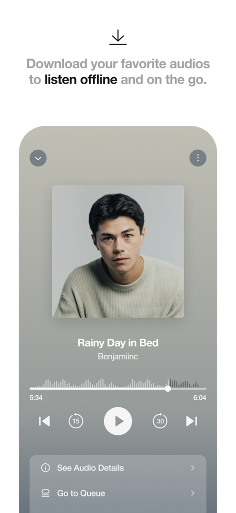 Quinn app audio player screen showing the offline listening feature and playback controls for an audio story.